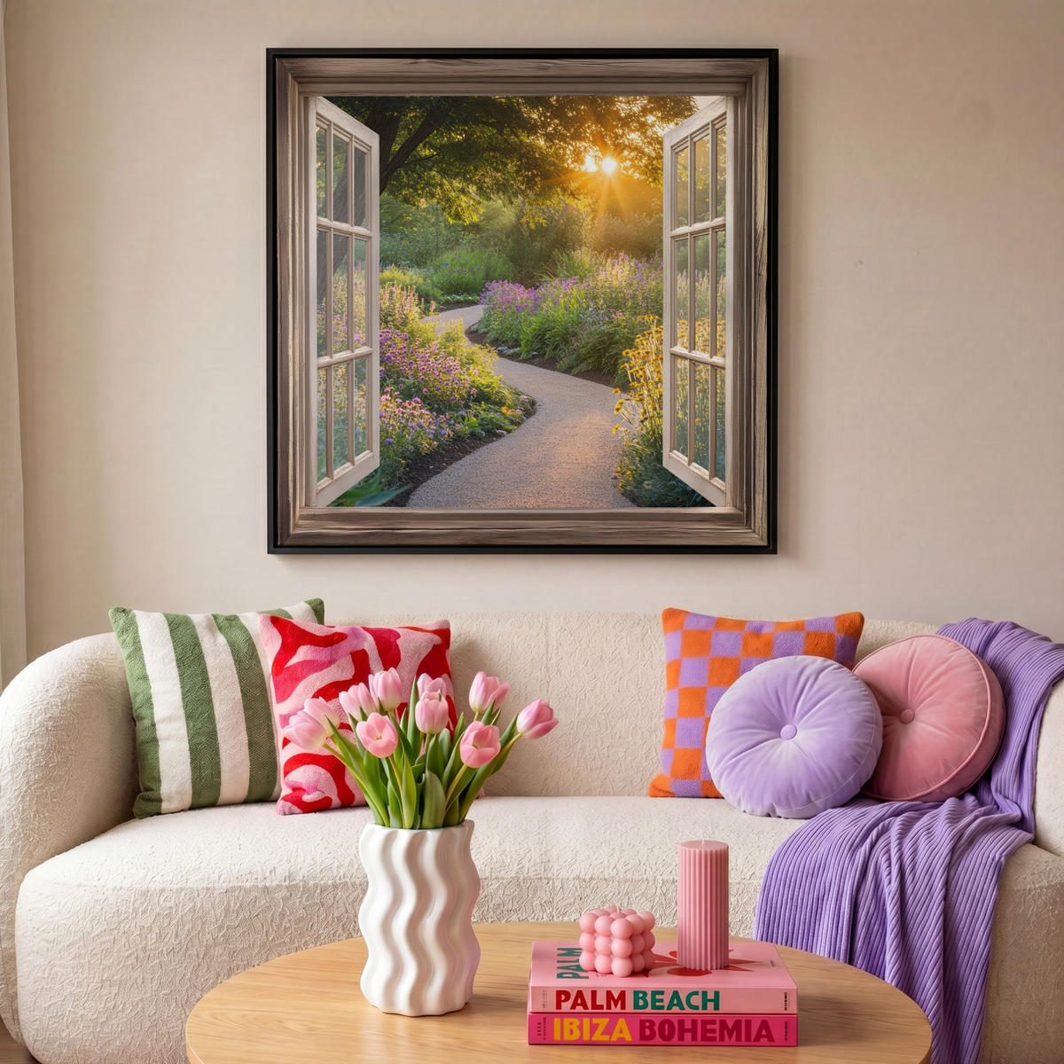 LEINWAND Bilder mit Rahmen - Aussicht - Blumen - Natur - Sonne - Weg - 90x90 - Hellgelb, Textil (90/90cm) - MuchoWow