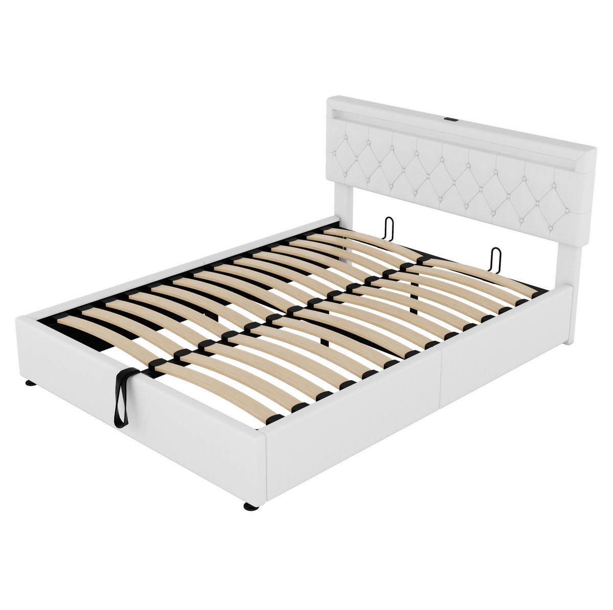 POLSTERBETT 160/200 cm mit LED-Beleuchtung, USB- und USB-C-Anschluss, hydraulischem Stauraum, Leinen, Weiß - Weiß, Textil (160/200cm) - Redom