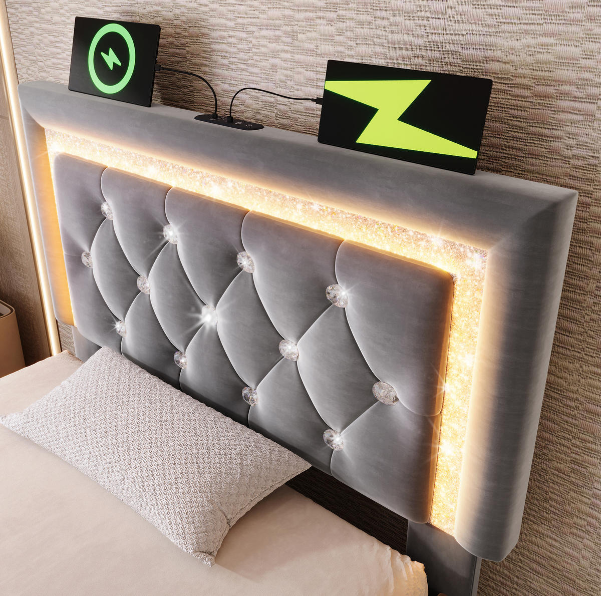 POLSTERBETT mit LED und Bettkasten 90x200 cm Samt Grau inkl. Matratze - Grau, Metall (90/200cm) - Meubliv
