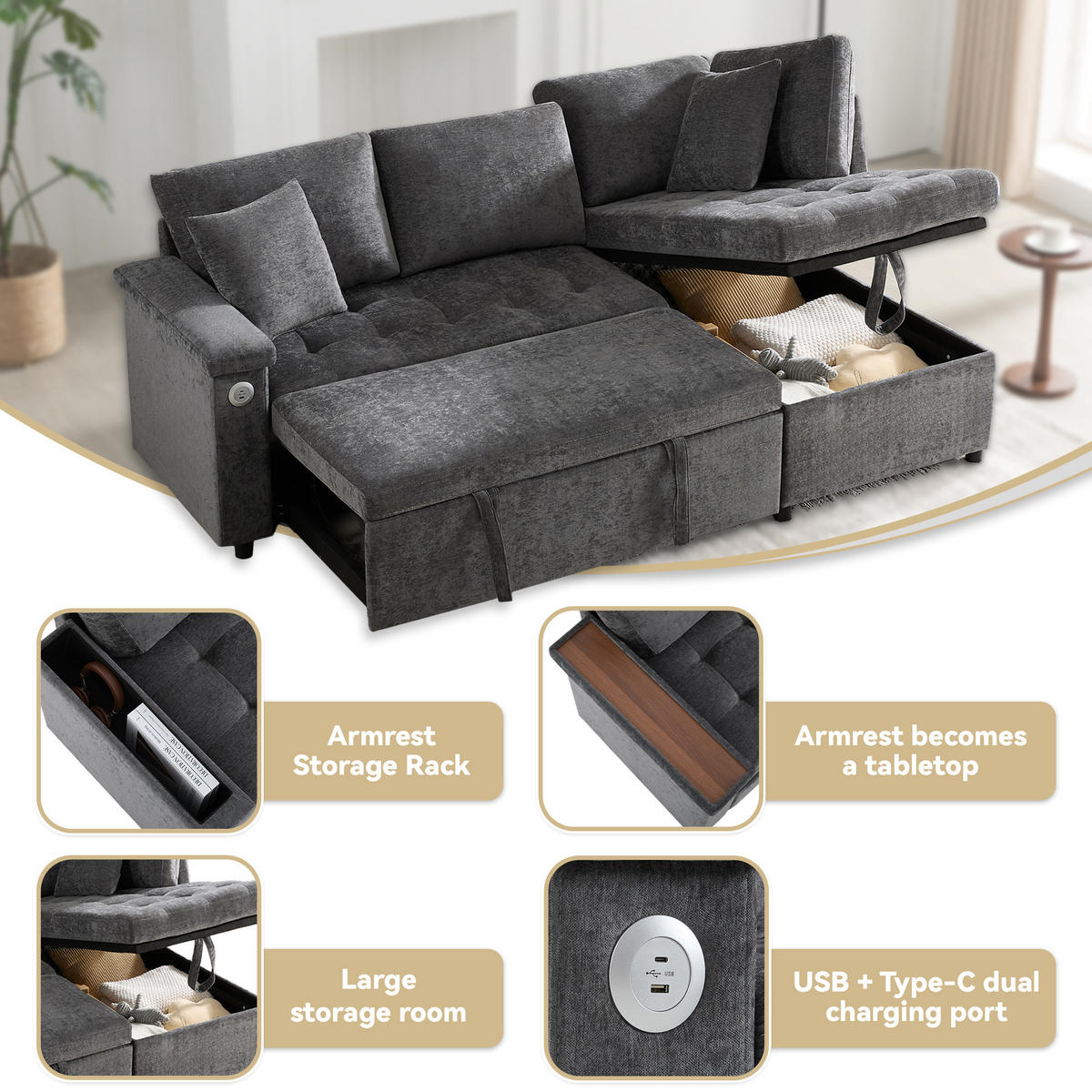 SCHLAFSOFA 209x130x84 cm aus Chenille L-förmiges 3-Sitzer, Dunkelgrau - Dunkelgrau, Textil (130/209cm) - Luhomfu