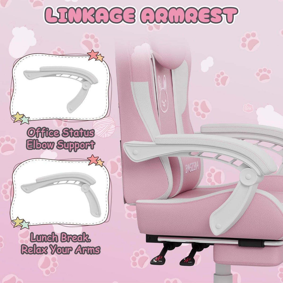 Gaming-Stuhl Katzenohren, Massage, Fußstütze – Rosa/Weiß - Pink, Leder (59/120/56cm) - Rattantree