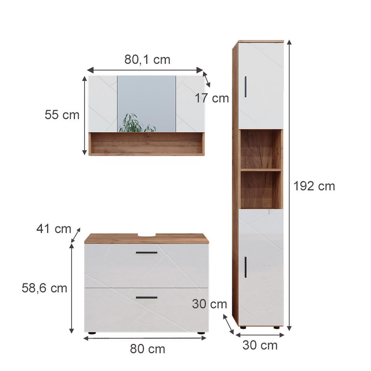 BADMÖBEL-SET Irma Weiß Hochglanz/Goldkraft Eiche 3 Teile Spiegelschrank 80 cm - Weiß Hochglanz/Eiche Wotan, Holzwerkstoff (80/58.6/41cm) - Vicco