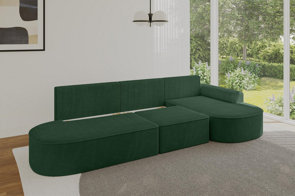 ECKSOFA mit Schlaffunktion Ottomane RECHTS MARI L2-S 368X167X85 Grün Cord - Dunkelgrün/Schwarz, Holzwerkstoff/Kunststoff (167/368cm) - ALTDECOR