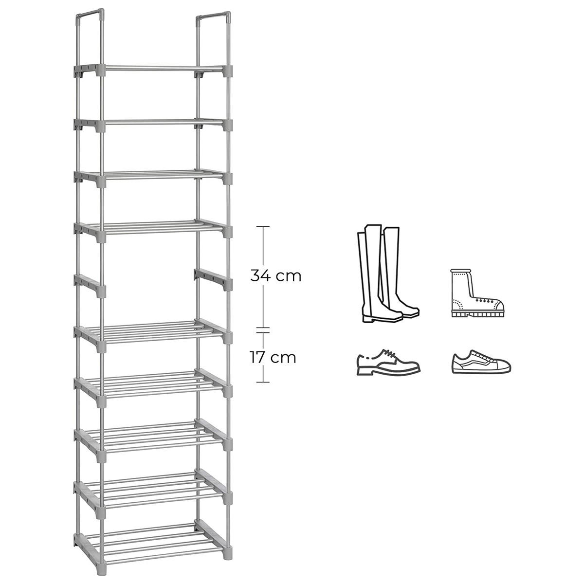 SCHUHREGAL aus grauem Eisen mit 10 verstellbaren Ebenen - L45 x H174 - Grau, Metall (30/174/45cm) - Calicosy