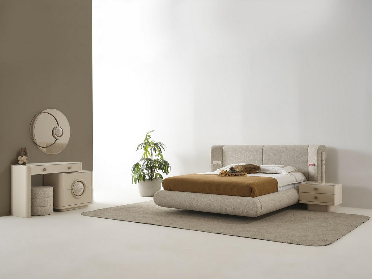 BETTANLAGE SEBASTIAN Schlafzimmer-Set, 4-teilig, Beige, Bett mit Kopfteil, 2 Nachttische und Kommode - Beige, Leder/Holzwerkstoff (160/200cm) - Villa Möbel