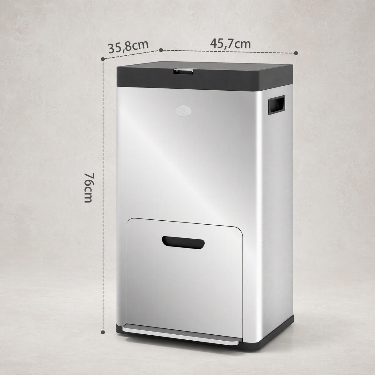 MÜLLEIMER 3 FÄCHER Mülltrennsystem Edelstahl Silber 45,7/35,8/76 cm - Silberfarben, Metall (35.8/76/45.7cm) - Rolipo