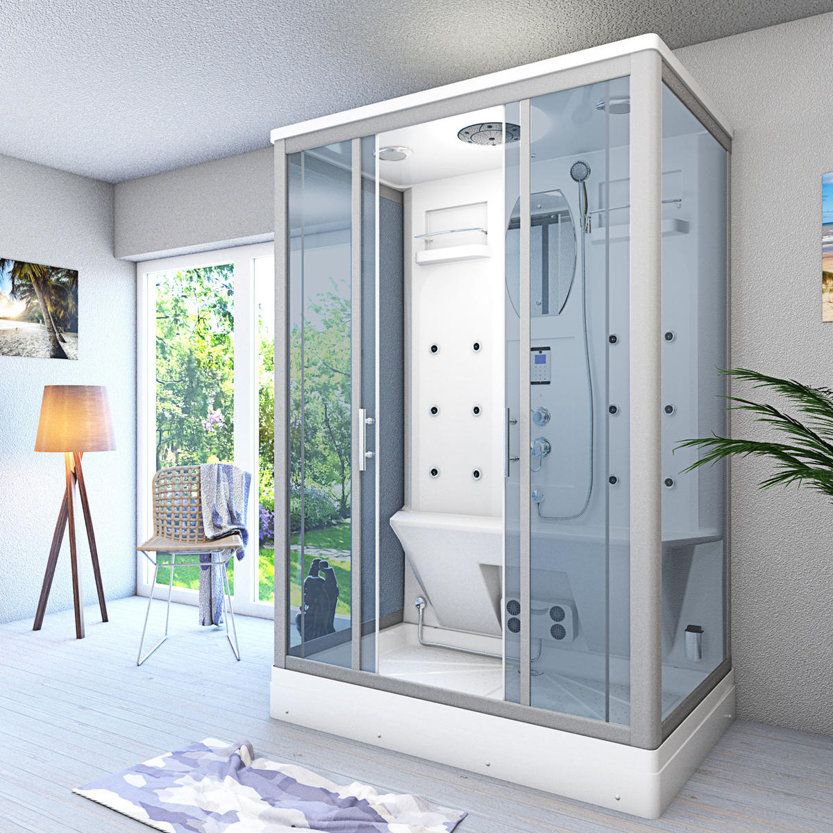 ACQUAVAPORE Dampfdusche Sauna Dusche Duschkabine D27-EH-EC-EA 140x90 cm MIT 2K Scheiben Versiegelung - Weiß, Glas/Kunststoff (140/90/215cm) - AcquaVapore by Sandra Jentho