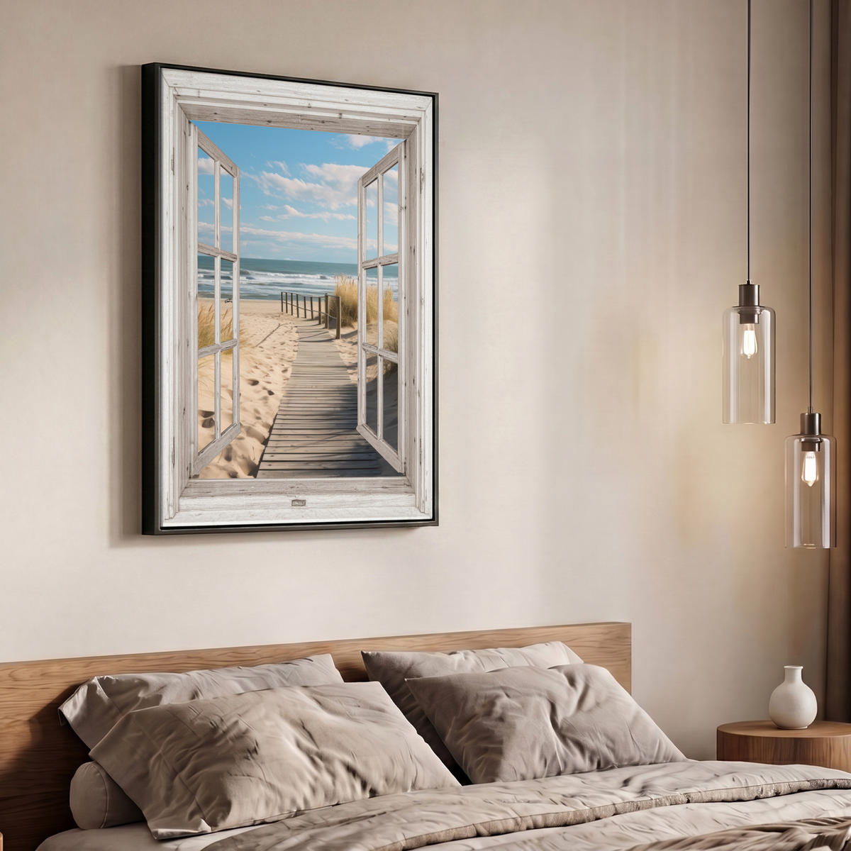 LEINWAND Bilder mit Rahmen - Fenster - Meer - Küste - Natur - Ausblick - Strand - Wattenmeer - 70x100 - Beige, Textil (70/100cm) - MuchoWow