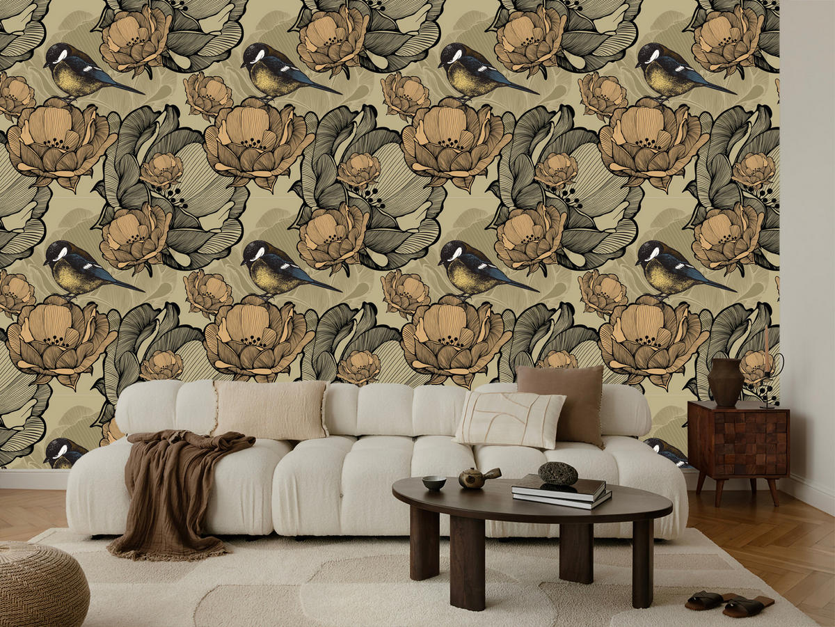 VLIESTAPETE Vögel und Vintage-Blüten – Beige, Braun, Schwarz – 50x1000 cm - Beige/Schwarz, Papier (50/1000cm) - Muralo