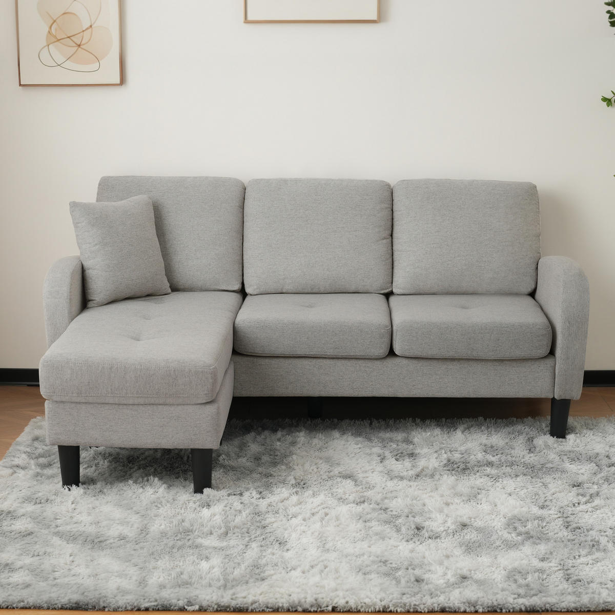 ECKSOFA L-Form 3-Sitzer mit Chaiselongue Baumwoll-Leinen Grau 166/118/77 cm - Hellgrau, Kunststoff (166/118cm) - OKWISH