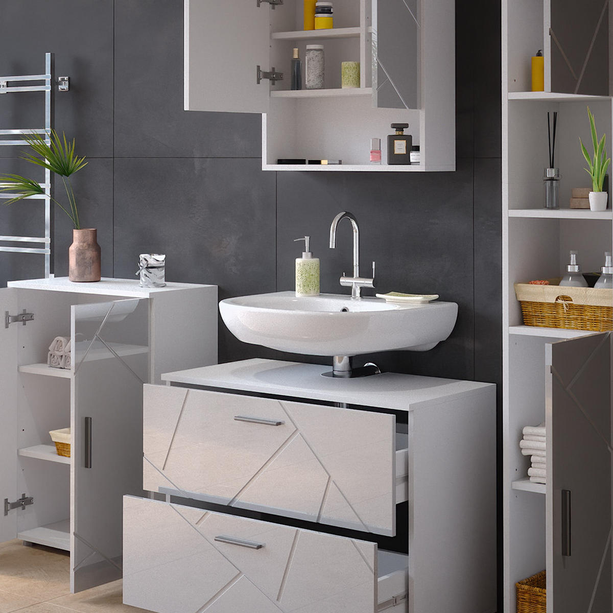 BADMÖBEL-SET Irma Weiß Hochglanz 4 Teile mit Schubladenschrank und Midischrank - Weiß Hochglanz/Weiß, Holzwerkstoff (80/58/41cm) - Vicco