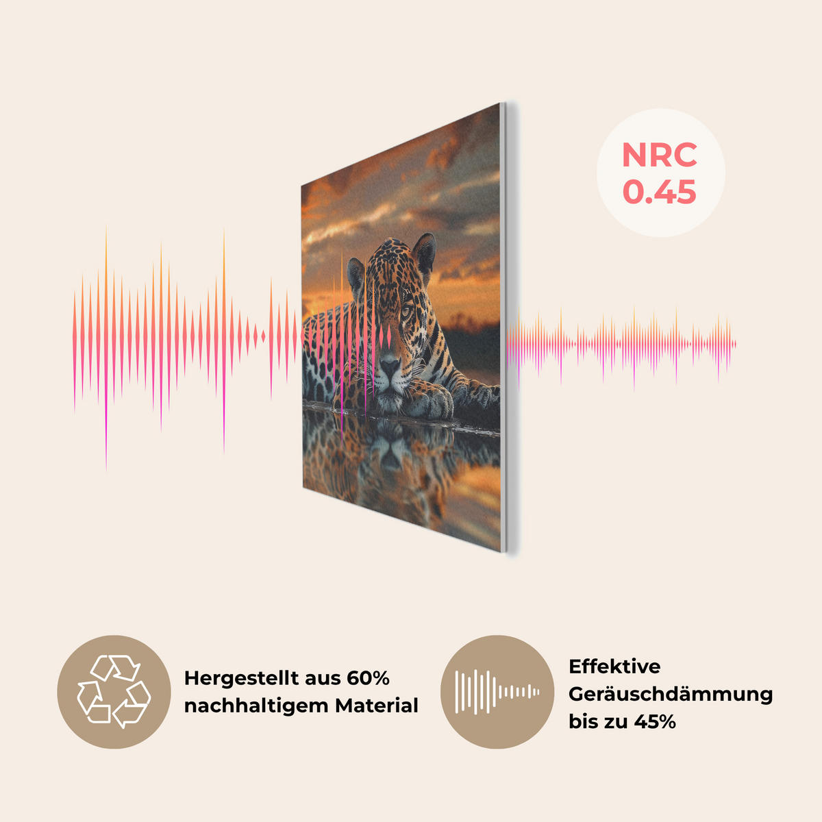 AKUSTIKPANEEL Natur - Leopard - Tier - Sonnenuntergang - Modern 90x90 cm - Orange, Textil (90/0.9/90cm) - MuchoWow