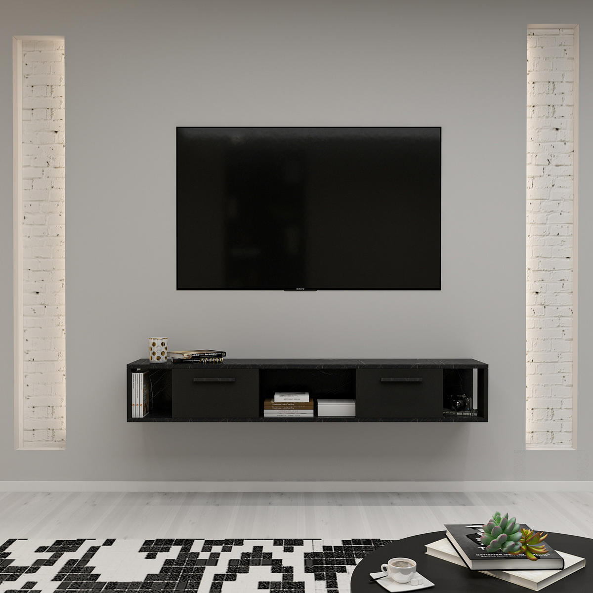 TV-LOWBOARD Aldora Schwarz Marmor Optik 9598 - Dunkelgrau/Schwarz, Holzwerkstoff (160/30/30cm) - moebel17