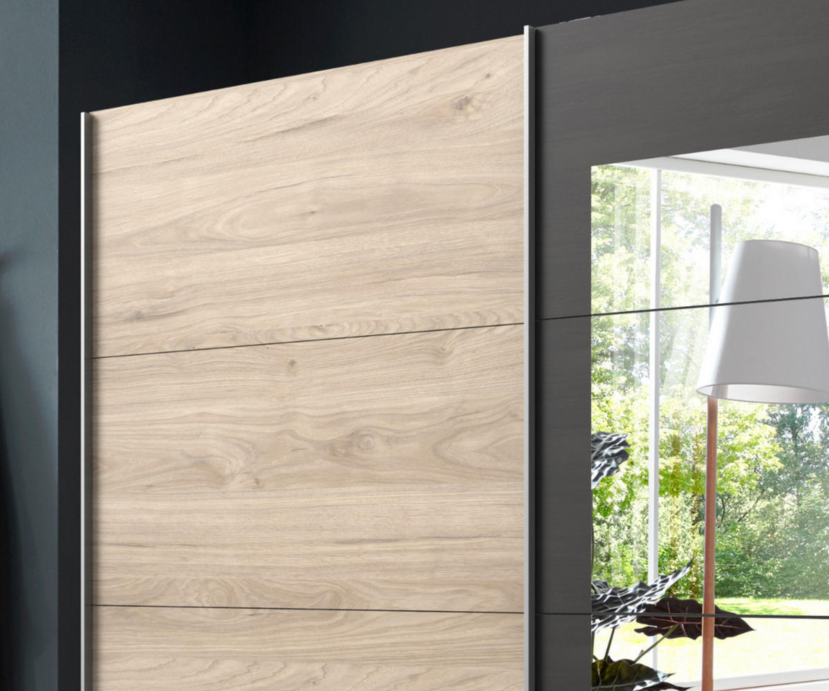 SCHWEBETÜRENSCHRANK 2-türig B225/H208/T65 cm in Eichen-Dekor mit Absetzungen in grauer Stahl-Optik / 22002 - Eichefarben/Alufarben, Holzwerkstoff/Metall (225/208/65cm) - luma-home