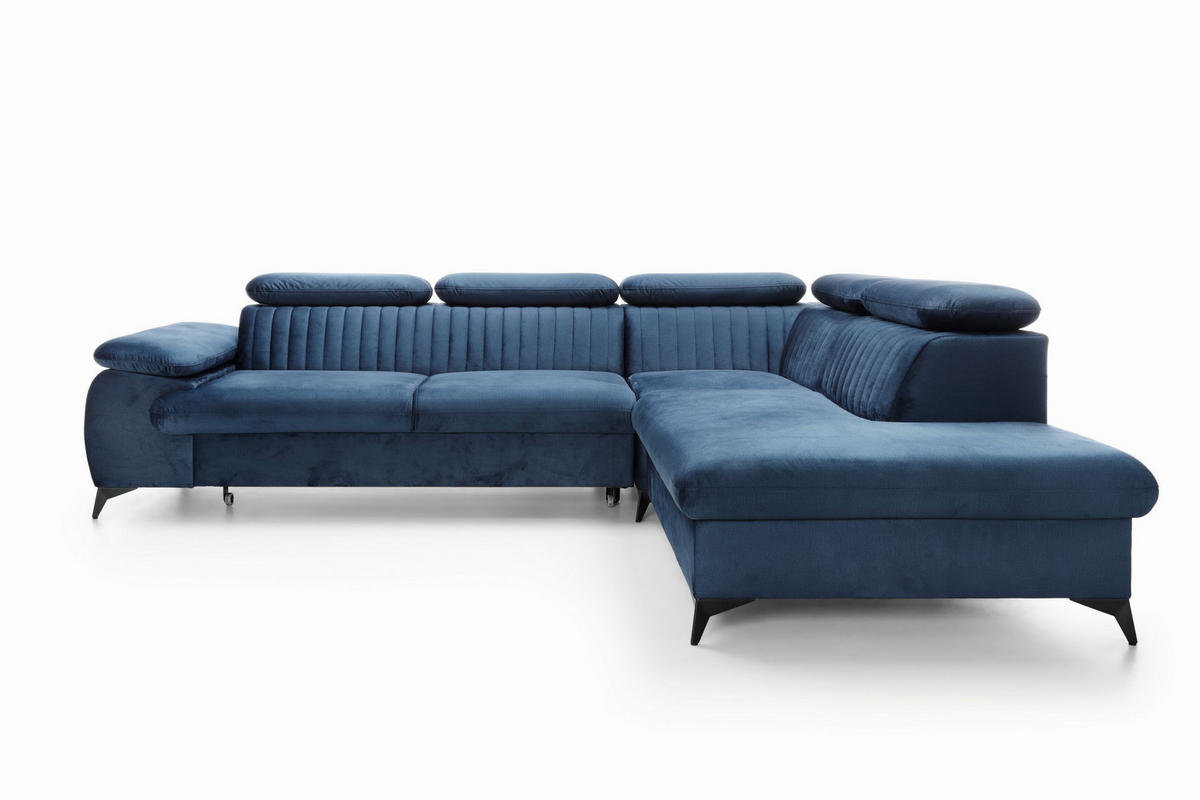 ECKSOFA FIORE Blau Velours-Stoff mit Schlaffunktion - Blau, Holz (275/221cm) - MASSENO