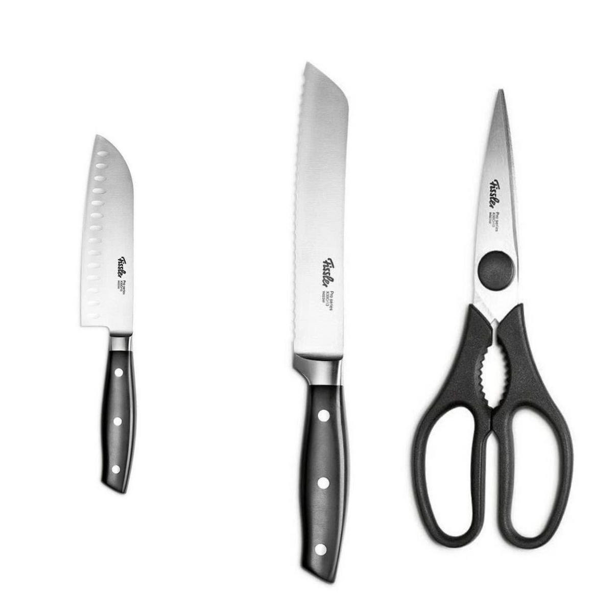 KÜCHENMESSER SET 3-tlg Schwarz, Brotmesser, Santokumesser, Küchenschere, Edelstahl, Schneidemesser, Küchenzubehör, Profi Messer, Klingenstahl - Silberfarben/Schwarz, Kunststoff/Metall - Fissler