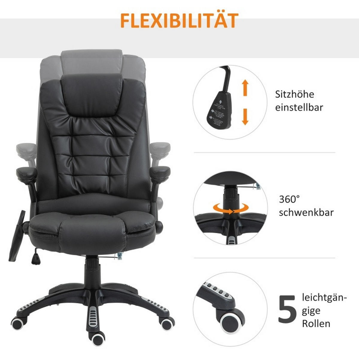 BÜROSTUHL mit Massagefunktion höhenverstellbar Kunstleder Black - Schwarz, Metall (70/121/70cm) - Meubliv