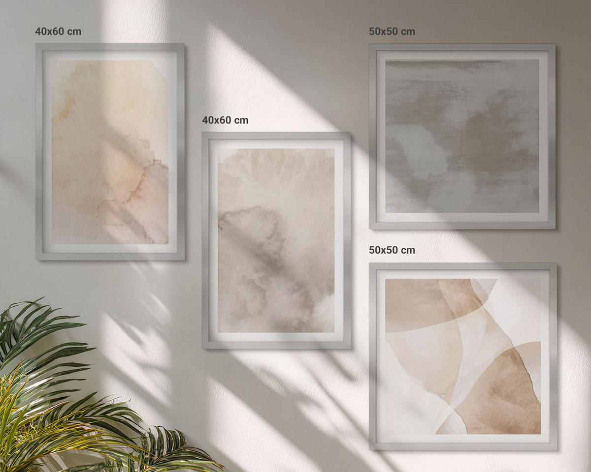 BILDER SET 4er Set - 50x50 cm & 40x60 cm Silberner Rahmen - Warme Aquarell-Pastelltexturen - Silberfarben, Kunststoff (50/50cm) - TULUP