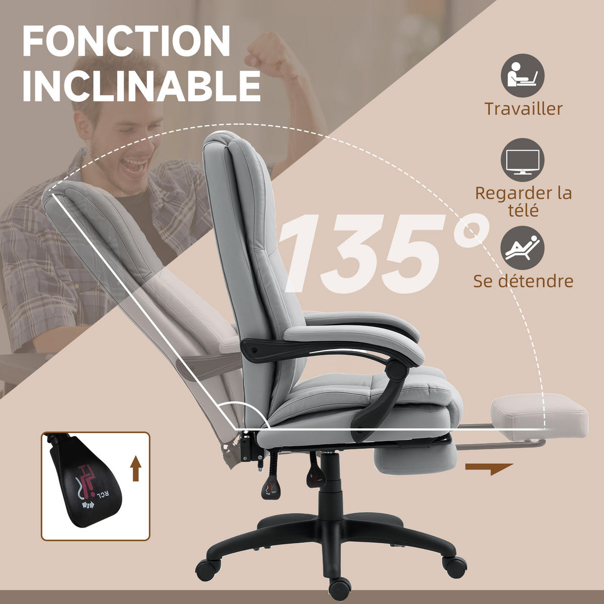 CHEFSESSEL DE-11785 mit Massagefunktion & neigbarer Rückenlehne Grau - Grau, Metall (68.5/121/68.5cm) - ComfortXL