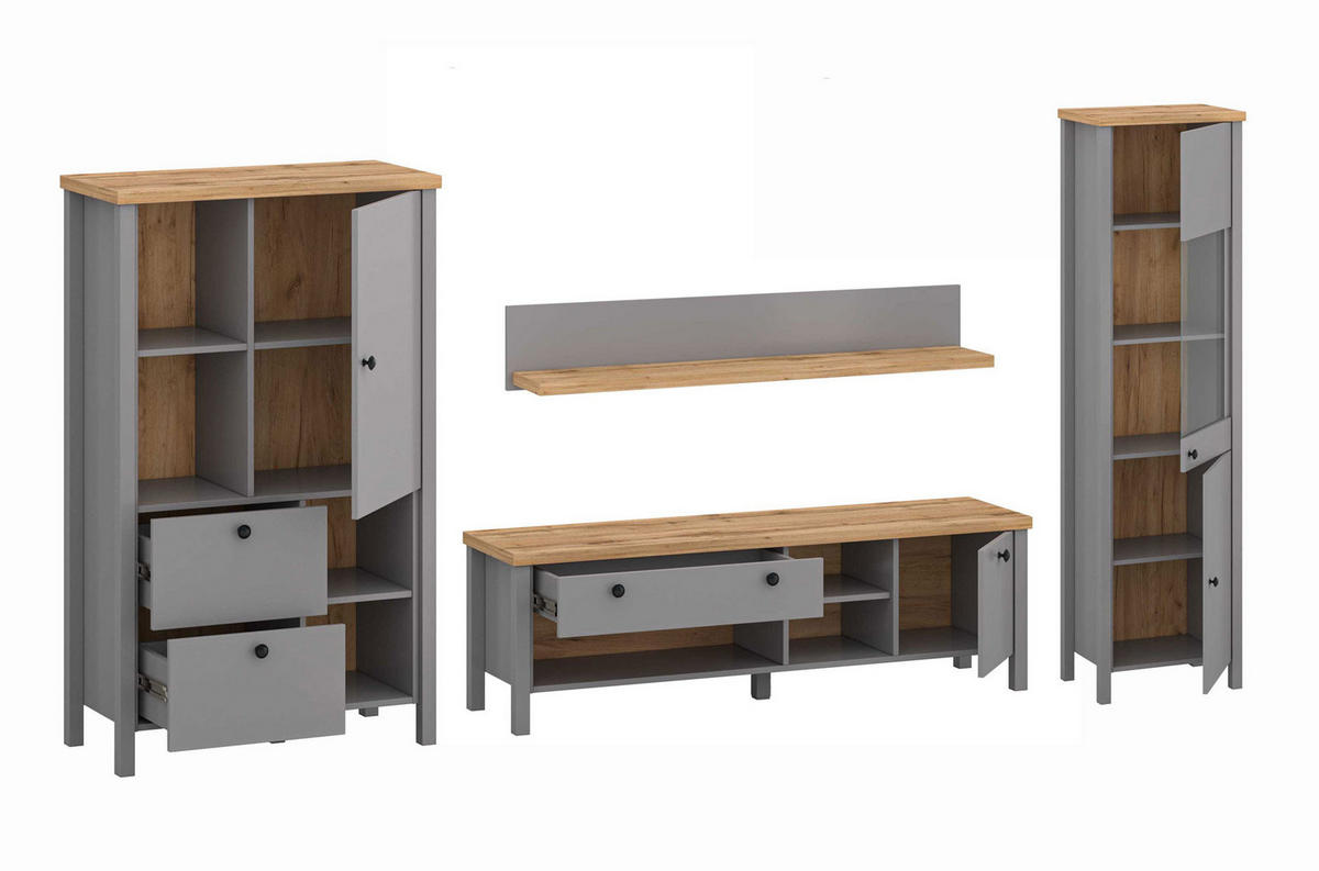 WOHNWAND Melini schiefergrau / Eiche Delano hell 4-teilig - Schieferfarben/Eichefarben, Holzwerkstoff/Metall (286/200/38cm) - Feldmann-Wohnen