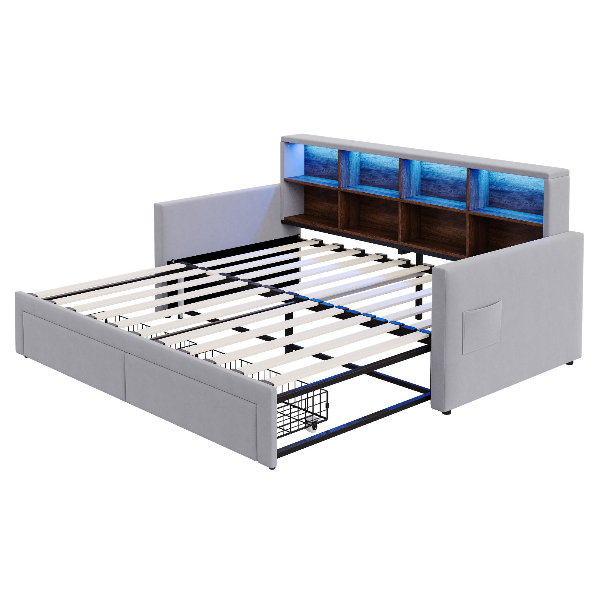 AUSZIEHBETT 90/180/190 cm DE-02121, in Hellgrau, mit LED, Staufächern und 2 Schubladen - Hellgrau, Metall (90/190cm) - ComfortXL