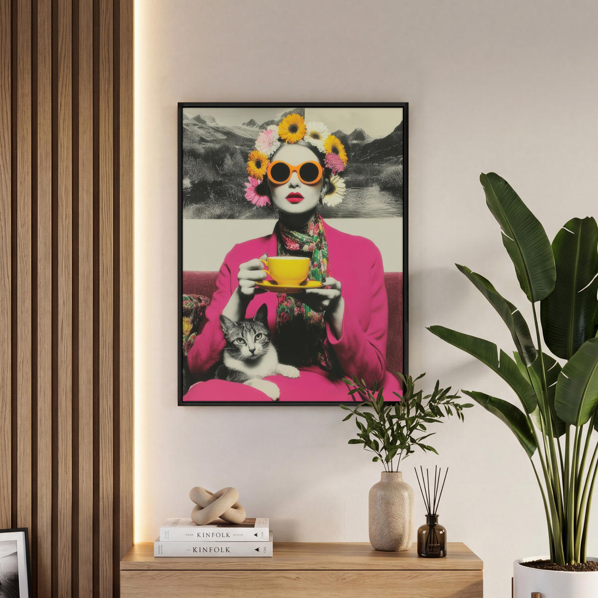 LEINWAND Bilder mit Rahmen - Frau - Katze - Blumen - Tasse - Retro - 50x70 - Magenta, Textil (50/70cm) - MuchoWow