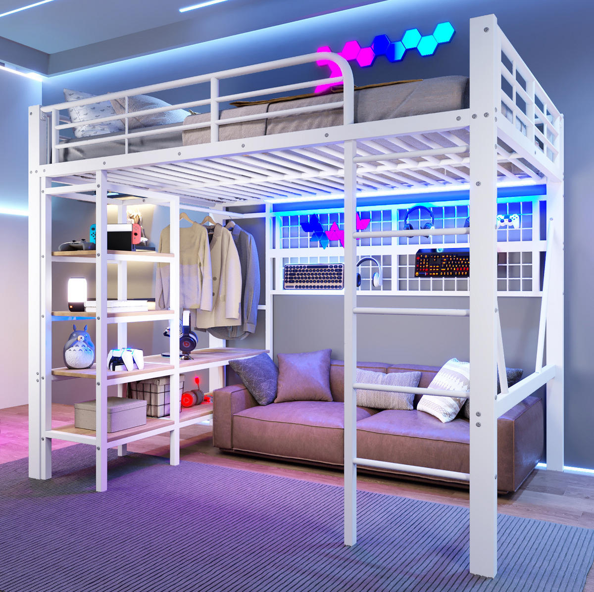 HOCHBETT 140/200 cm in Weiß – aus Metall mit LED-Lichtleiste und Ablagefach - Weiß, Metall (140/200cm) - BEAOK
