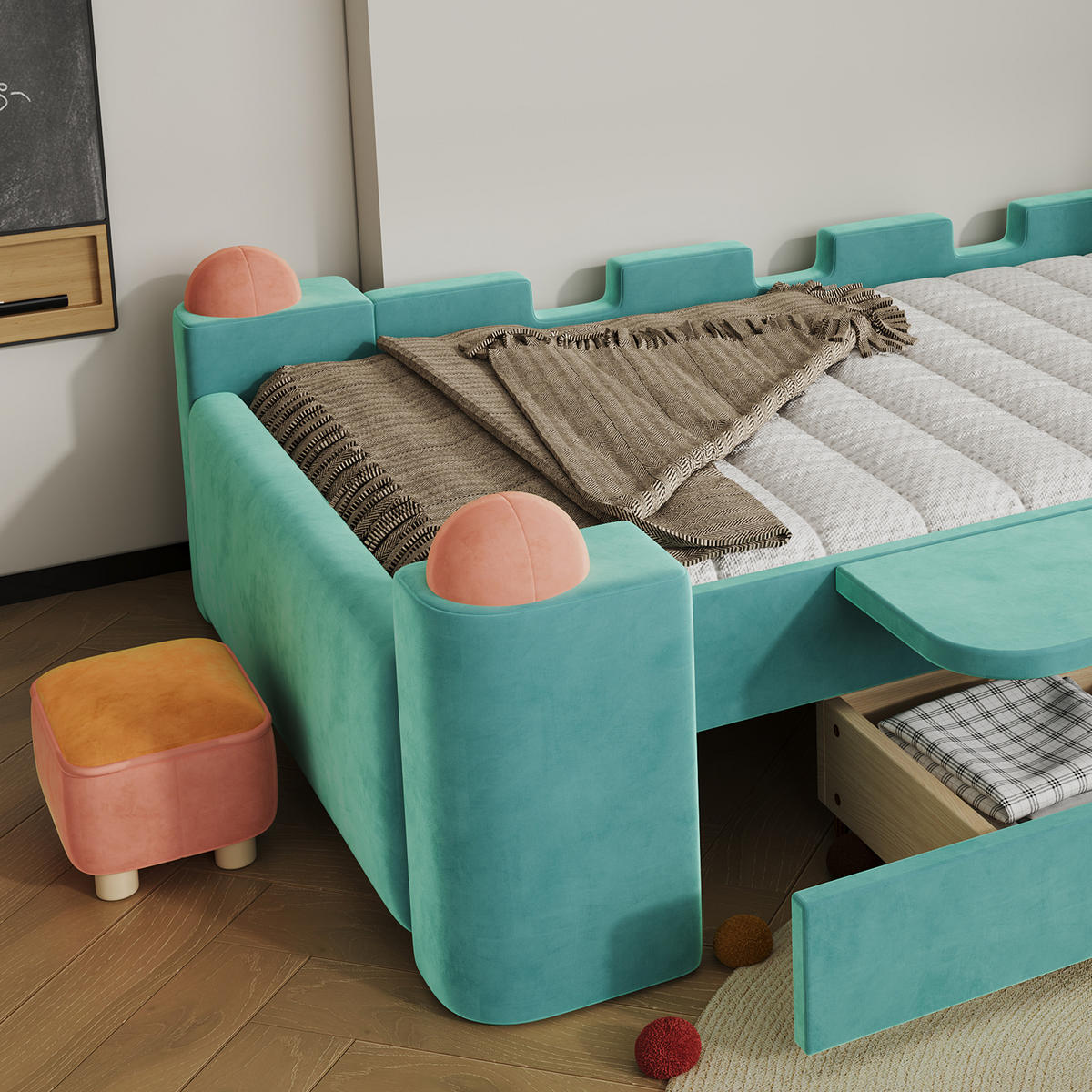 POLSTERBETT 90/200 cm in Blaugrün mit Stauraum-Schublade, klappbarer Seitenablage und Antikollisions-Kanten aus Samt - Blau/Grün, Holzwerkstoff/Textil - STILVORA