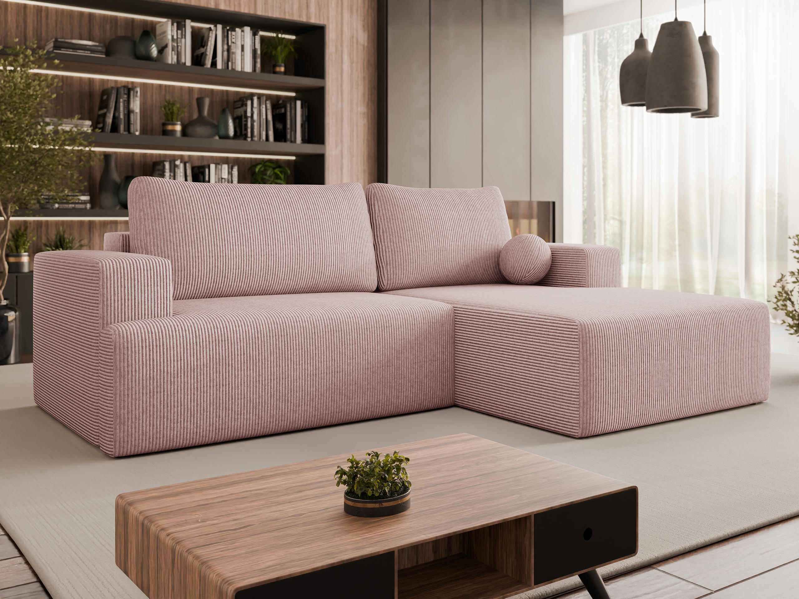 ECKSOFA Mivo Cord, Seite: Rechts - Schwarz/Rosa, Holz/Kunststoff (266/163cm) - MIRJAN24