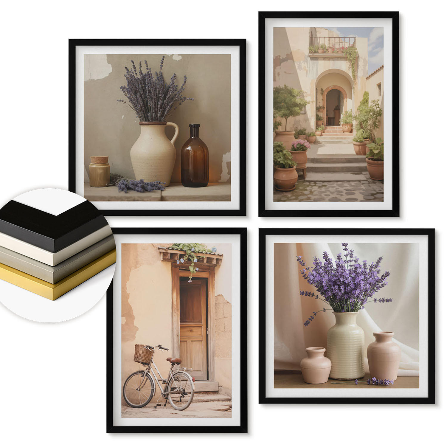 WANDBILDER 4er-Set - 50x50 cm & 40x60 cm Schwarzer Rahmen - Lavendelblüten und Architektur - Schwarz, Kunststoff (50/50cm) - ArtPrintCave