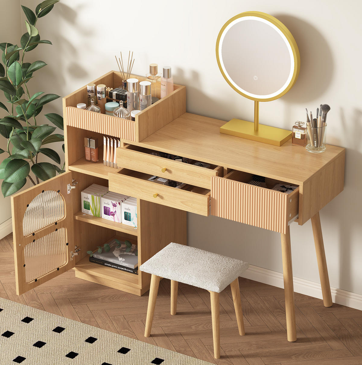 SCHMINKTISCH 120/40/90 cm in Natur mit LED-Spiegel und Seitenschrank - Naturfarben, Holzwerkstoff (120/40/90cm) - Flora Grace