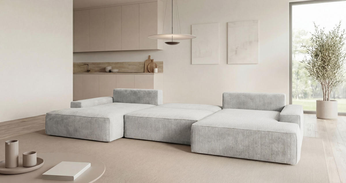 SEDACÍ souprava VERONA tvar U šedá manšestr Poso 55 - funkce spaní, úložný prostor - šedá, textil (385/86/185cm) - Cornero