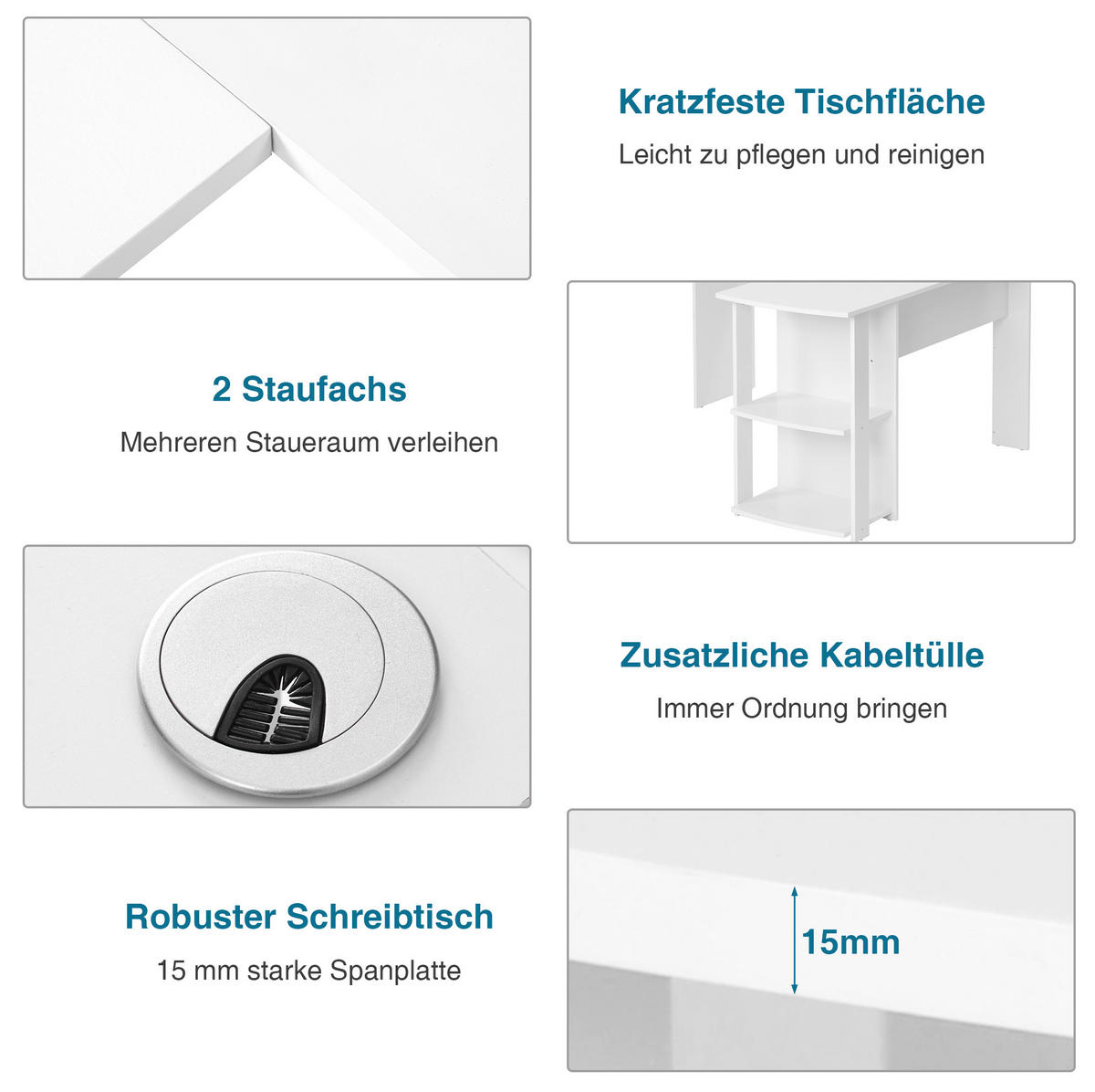 ECKSCHREIBTISCH 140/140/75 cm aus Holzwerkstoff mit 2 Ablagen und 2 Kabeldurchführungen, Weiß - Weiß, Holzwerkstoff - Redom