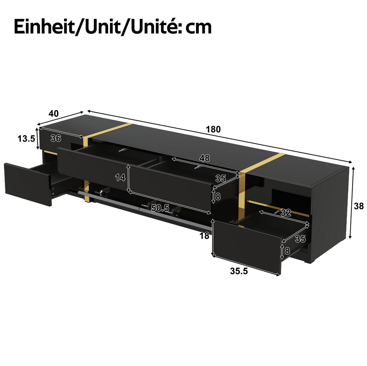 LOWBOARD 180/40/38 cm Schwarz aus MDF und Spanplatte mit Hochglanz - Schwarz, Holzwerkstoff (40/38/180cm) - OKMYHOME