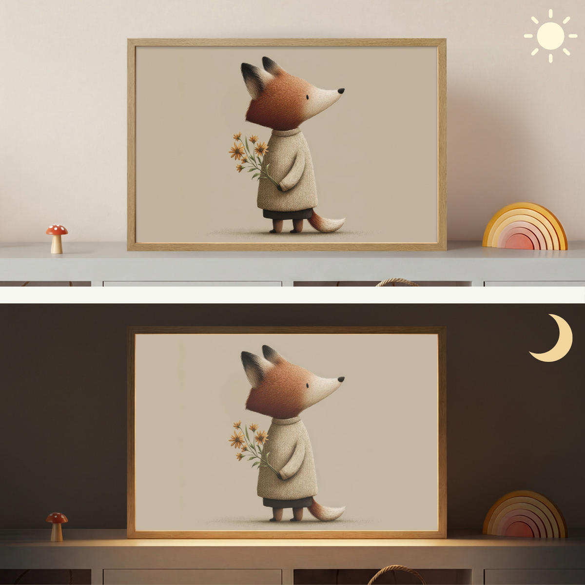 NÁSTĚNNÁ LAMPA S AKUMULÁTOREM Liška - Žluté květy - Minimalistický 60x40 cm - šedohnědá, kompozitní dřevo (60/40/8cm) - OnlyWow