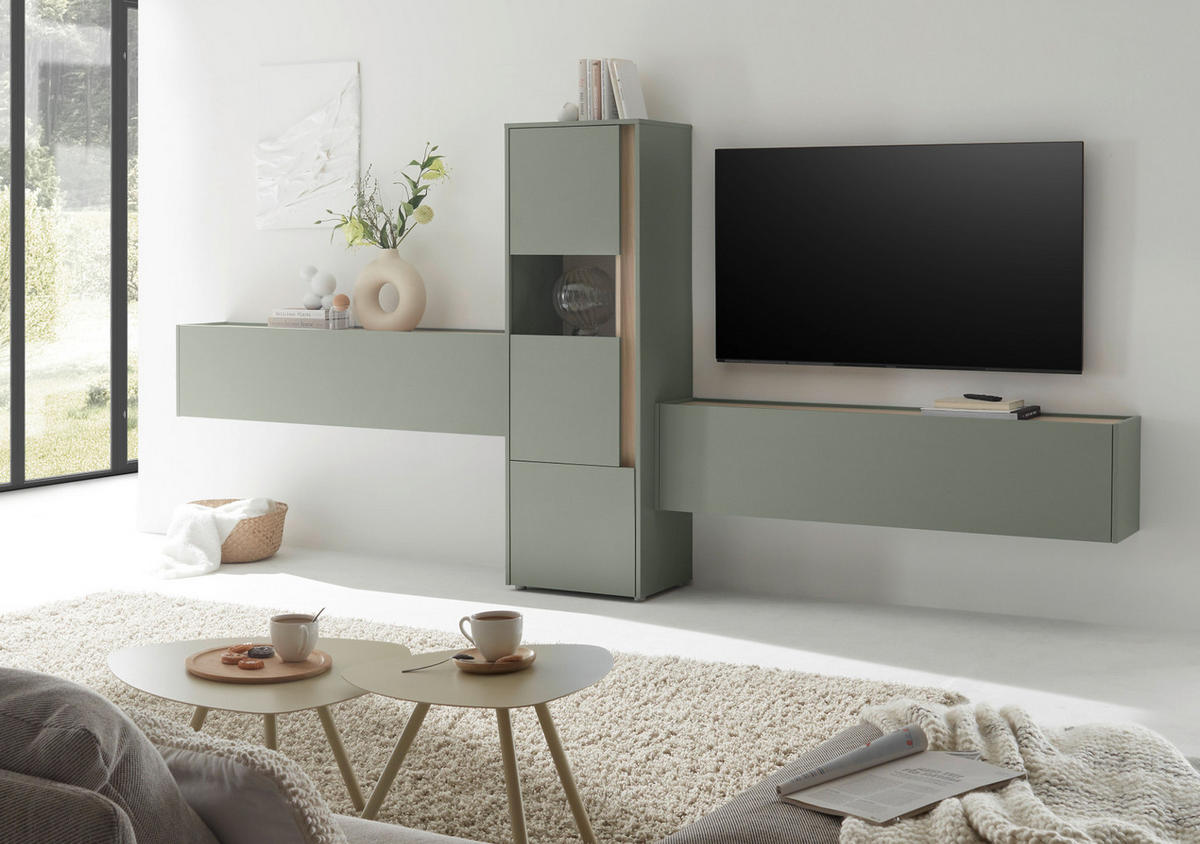 WOHNWAND 3-teilig in Salbei grün, Barista Eiche 350, Komplett-Set mit viel Stauraum - Salbeigrün/Eichefarben, Glas/Holzwerkstoff (350/155/40cm) - Furn.Design