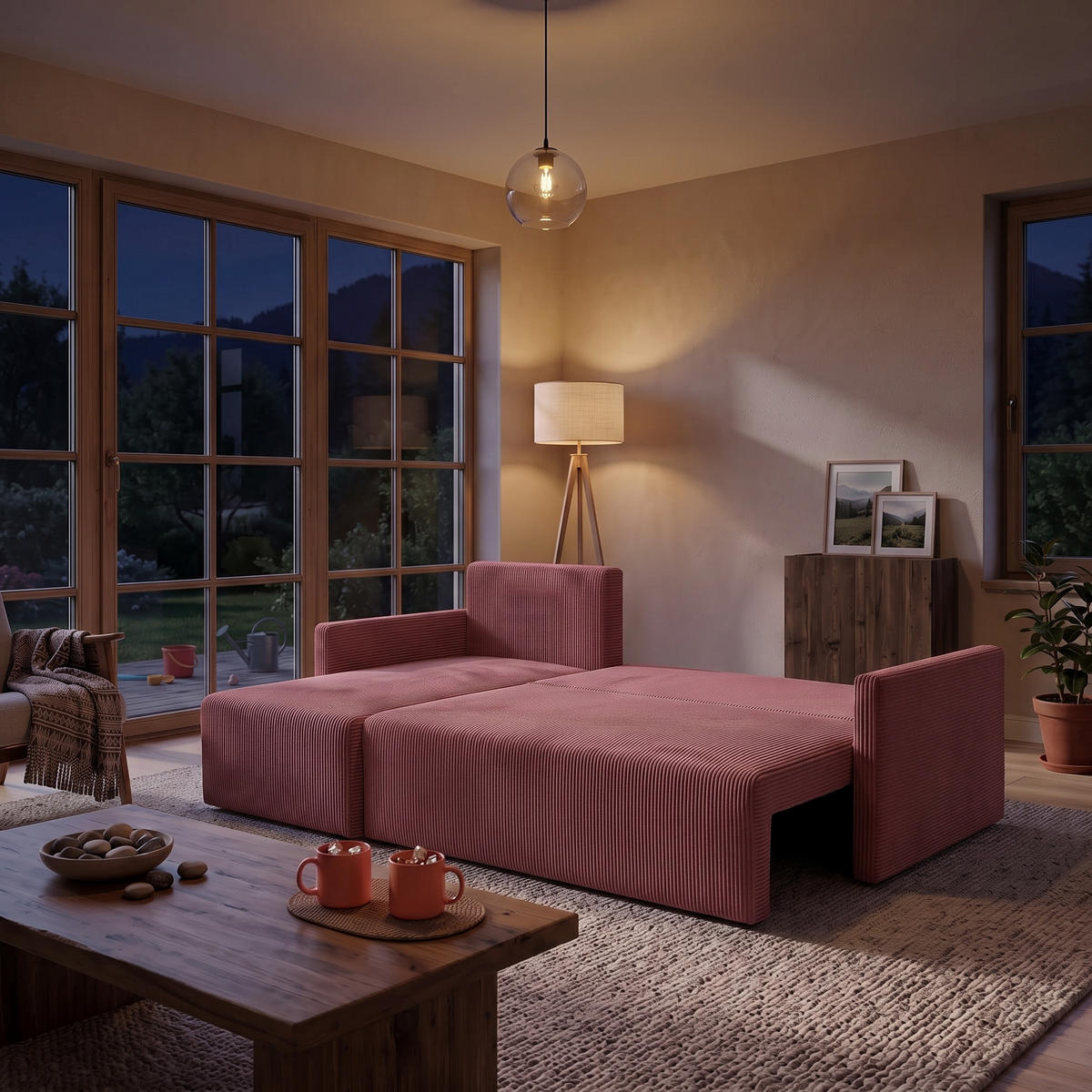 ECKSOFA GARDA L universell links/rechts montierbar mit Schlaffunktion 132x198 cm Cord Rosa - Pink/Schwarz, Holz/Kunststoff (209/145cm) - NACANAPA