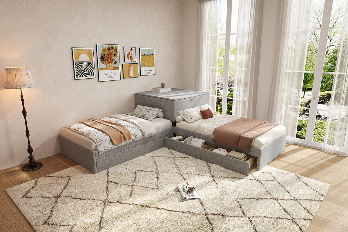 POLSTERBETT 90/200 cm grau aus Leinen mit Ausziehbett und Stauraum - Grau, Textil - OKMYHOME