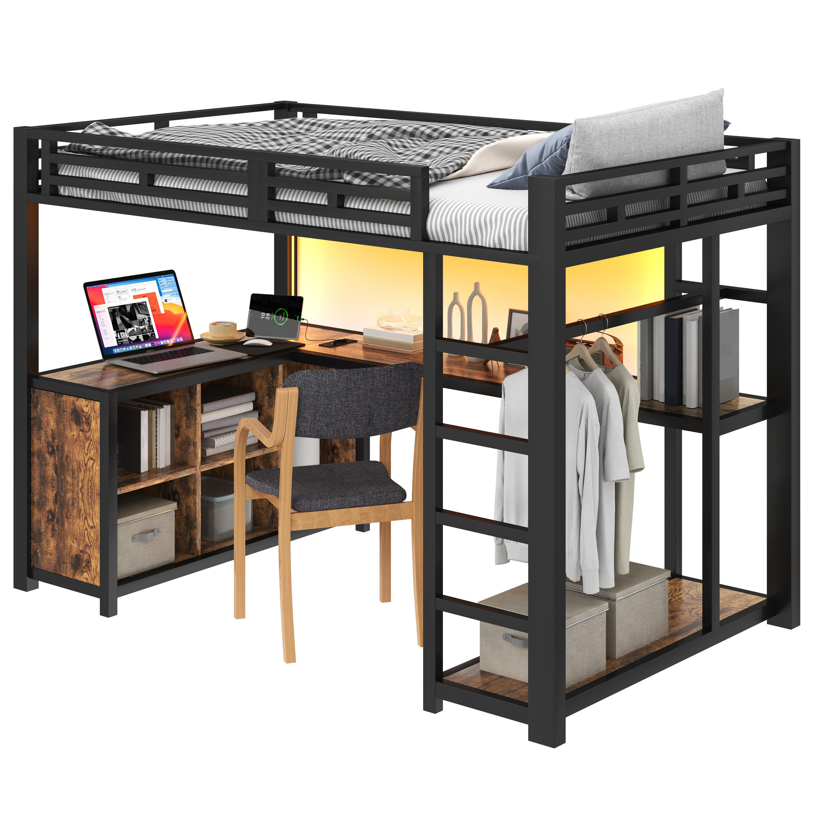 HOCHBETT 140/200 cm in Schwarz mit LED, USB, Schreibtisch und Stauraum - Schwarz, Holzwerkstoff/Metall (140/200cm) - STILVORA