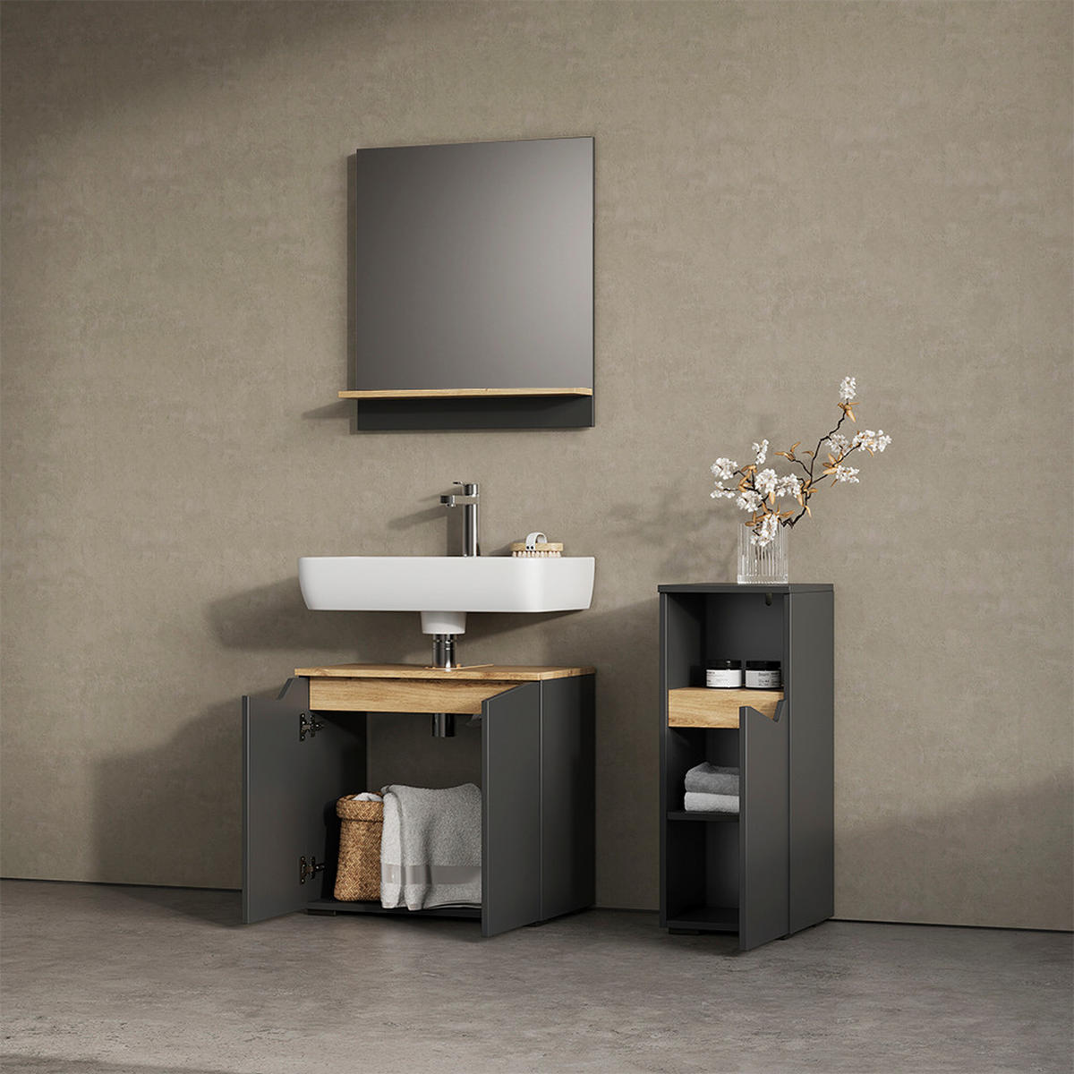 MIDISCHRANK Timavo Anthrazit 30 x 74.5 cm mit Tür und offenem Fach - Anthrazit, Holzwerkstoff (30/74.5/35cm) - Livinity®