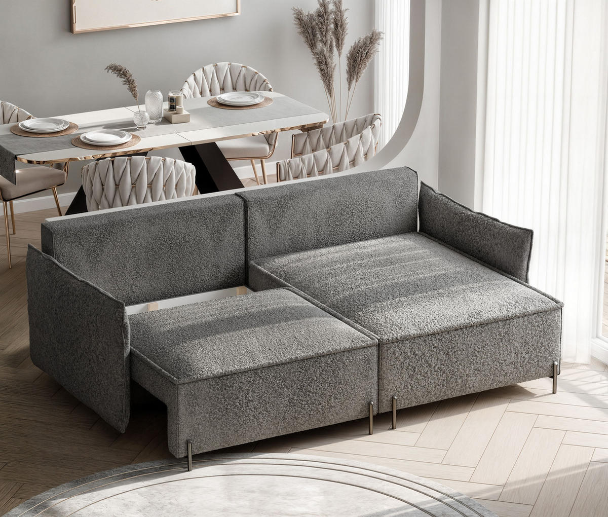 ECKSOFA MARCO Rechts, mit Schlaffunktion und Bettkasten, Dunkelgrau - Dunkelgrau, Textil/Metall (221/148cm) - Idohome