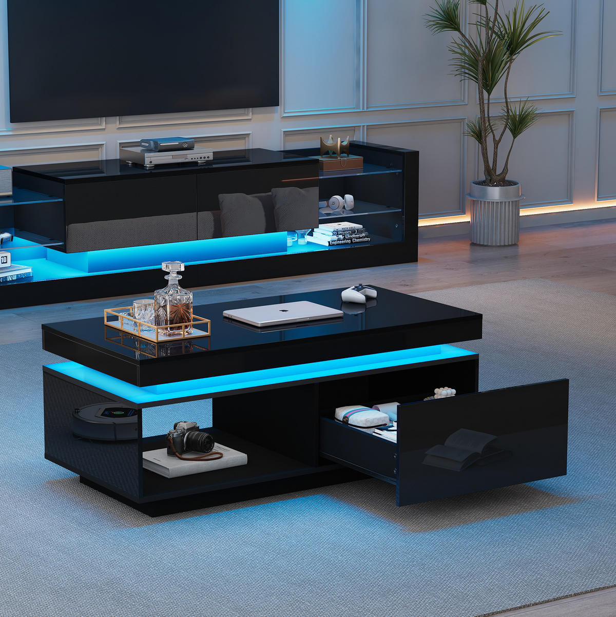 COUCHTISCH 100/50/40,3 cm in Schwarz mit LED-Beleuchtung und Schublade - Schwarz, Holzwerkstoff (100/50/40cm) - Flora Grace