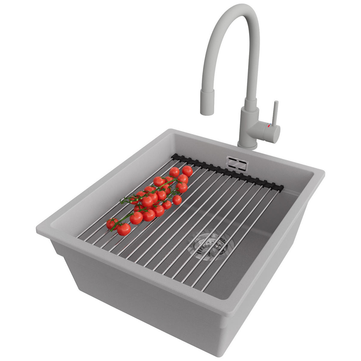 GRANITSPÜLE Praga Slim, 2-er set Grau 41/47 cm 1 Becken + Küchenarmatur 38/14 cm + Ablauf-Set + Aufrollbare Abtropffläche ab 45er Unterschrank - Chromfarben/Grau, Kunststoff (41/20/47cm) - Primagran