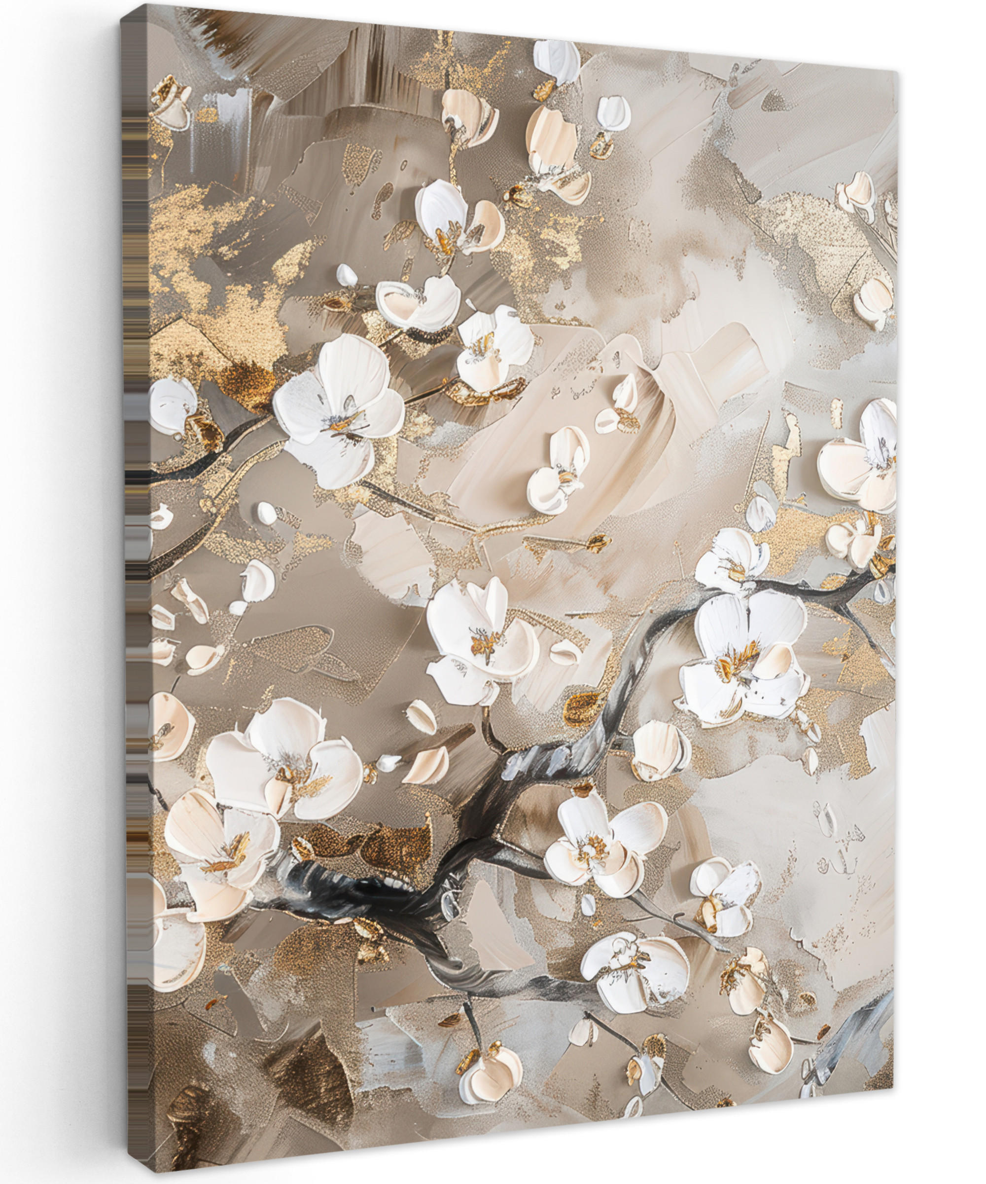 MuchoWow OBRAZ NA PLÁTNĚ Květiny - Bílá - Zlatá - Béžová - Luxusní 60x80 cm