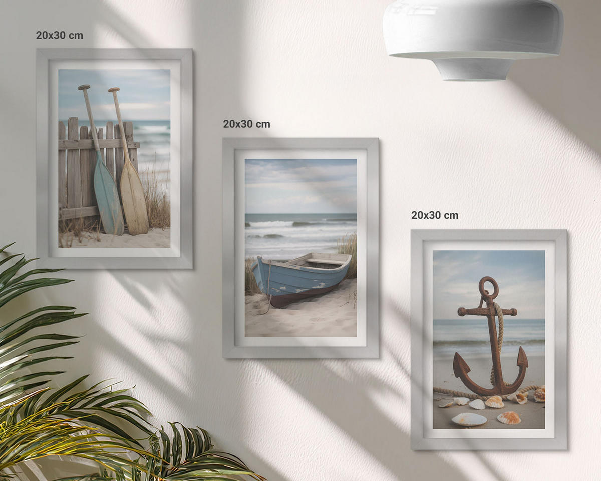 BILDER SET 3er Set - 20x30 cm Silberner Rahmen - Strandbootanker Sand - Silberfarben, Kunststoff (20/30cm) - TULUP