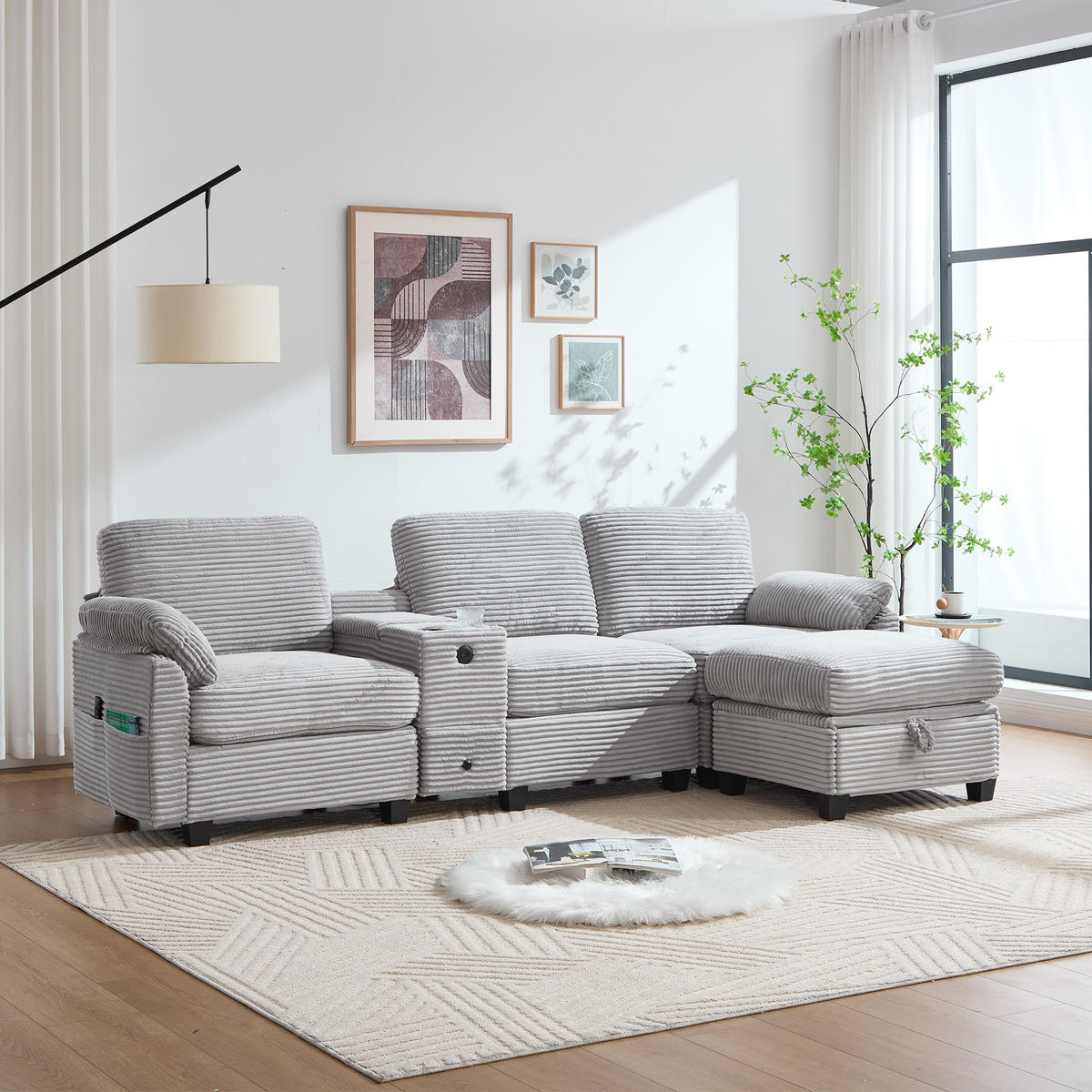 ECKSOFA Cord Hellgrau mit USB-C, Mittelkonsole und Hocker - Hellgrau, Holzwerkstoff/Textil (266/136cm) - WISHDOR