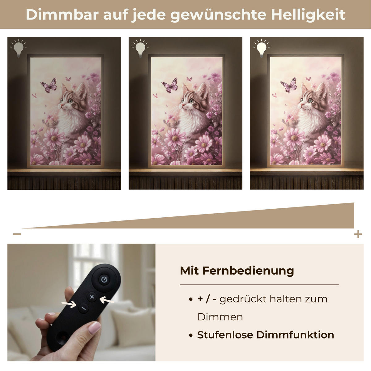 NÁSTĚNNÁ LAMPA S AKUMULÁTOREM Koťátko - Květiny - Motýli - Fialová 40x60 cm - starorůžová, kompozitní dřevo (40/60/8cm) - OnlyWow