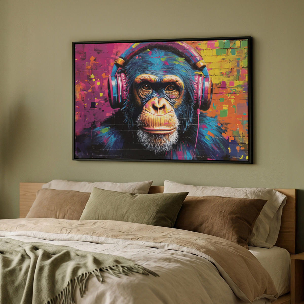 LEINWAND Bilder mit Rahmen - Graffiti - Schimpanse - Straßenkunst - Kopfhörer - Affe - 90x60 - Blau, Textil (90/60cm) - MuchoWow