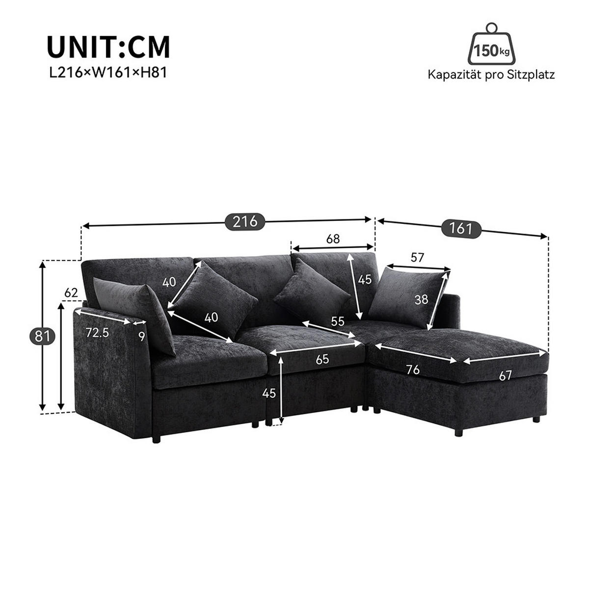 ECKSOFA in Grau Chenille-Stoff， L-förmiges - Grau, Kunststoff/Textil (161/216cm) - KOMHTOM