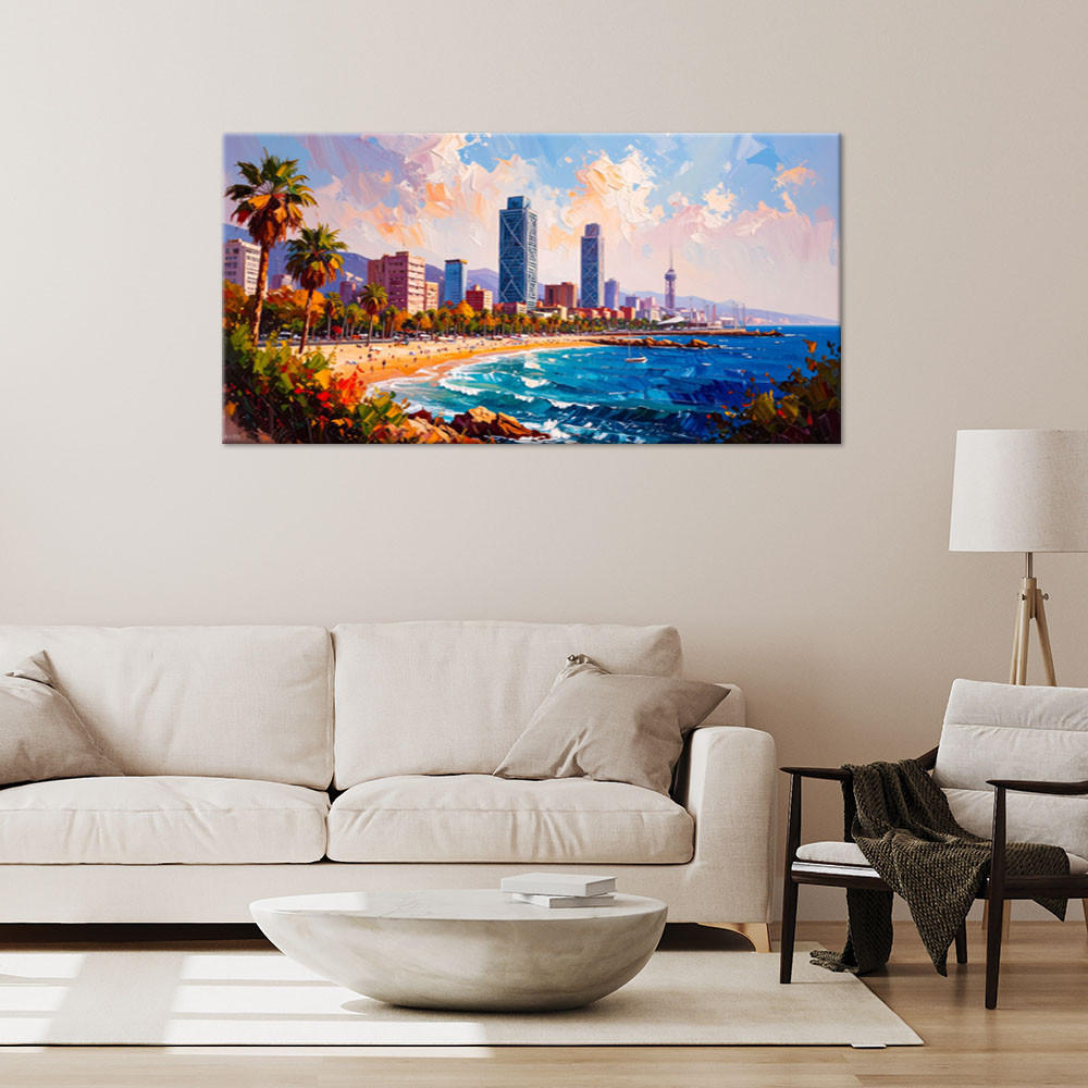 LEINWANDBILD Strand Barcelona Spanien 80x40cm - Multicolor, Textil (80/40cm) - Feeby